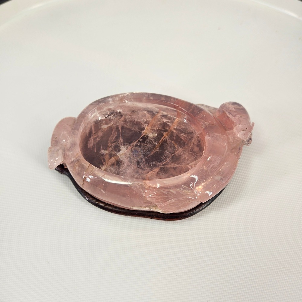 Vintage Rose Quartz Carved Mice Dish w/ Wood Base Chinese Pink Catchall Trinket